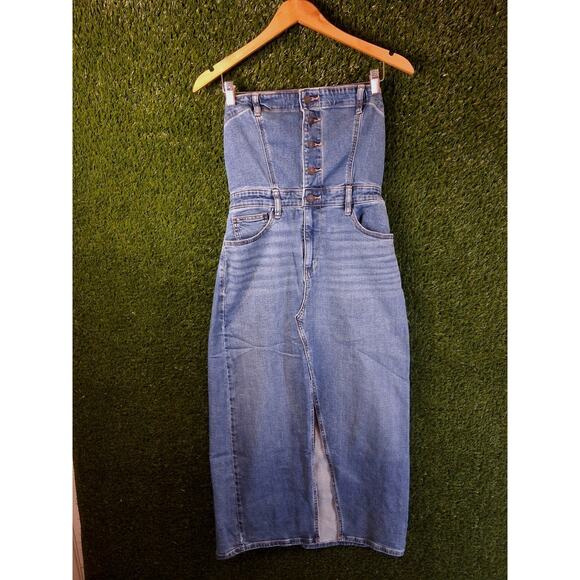 American Eagle Outfitters Dresses & Skirts - American Eagle Denim Tube Top Midi Dress Size 6 Blue Stretch Button Front Slit